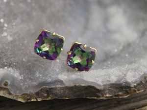 Mystic Topaz Gold Stud Earrings 8mm - 14k Yellow Gold Studs - Cushion Cut Mystic Topaz Earrings - Ready to Ship