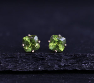 Cushion Cut Peridot 14k Yellow Gold Stud Earrings, 5mm Peridot Studs, August Birthstone Earrings, Gemstone Studs, Ready to Ship Earrings