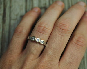 Three Stone Diamond Pebble Ring, Sterling Silver & 14k Yellow Gold, 2mm Wide Band, Modern Button Ring, Made to Order