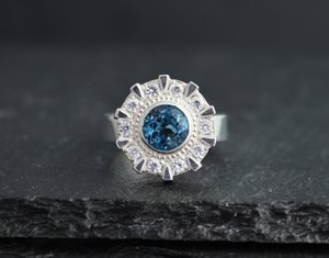 Iron Man Arc Reactor Inspired Ring, London Blue Topaz With White Sapphire Halo, Sterling Silver Ring, Ready to Ship Size 6