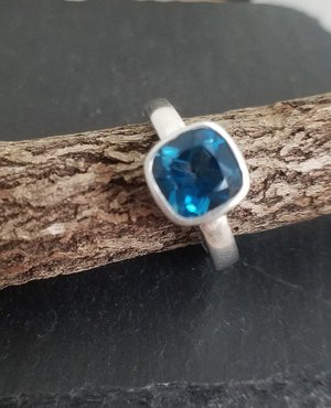 Cushion cut London Blue Topaz Ring, Sterling Silver Ring,  Blue Topaz Solitaire, Cocktail Ring, Ready to Ship Size 7