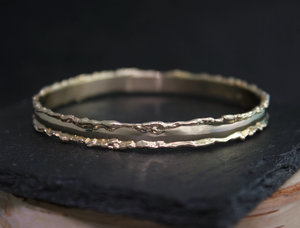 14k Yellow Gold Organic Bangle Bracelet, Unique Gold Bangle, Handmade Bangle, Textured, Twig, Fused Gold Edge, 6mm Wide, Anniversary Gift