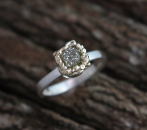 Silver and Fused Gold Raw Gray Diamond Ring, Sterling Silver & 14k Yellow Gold Ring, Mixed Metals Band, One of a Kind, Ready to Ship Size 7