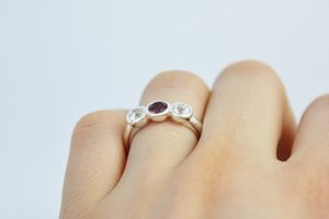 Bezel Set Three Stone Ring // Garnet White Topaz // Sterling Silver Three Stone Ring // Past Present Future Ring // Eco Friendly
