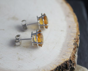 Citrine 14k White Gold Stud Earrings, 8mm Cushion Cut Citrine Earrings, November Birthstone Earrings, Ready to Ship