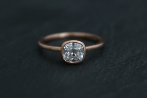 Old Mine cut cushion Moissanite 14k Rose Gold 6mm  Bezel Set  Diamond Alternative Engagement Ring, Made to order in 3-5 days