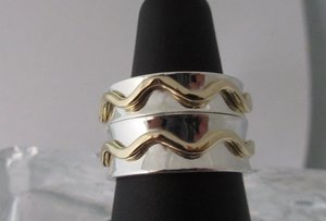 Silver & Gold Wave Ring, 8mm Wide Band, Sterling Silver and 14k Yellow Gold Band, Mountain Ring, Two Tone Ring, Ready to Ship Size 6 and 8.5