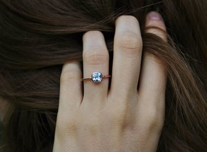 Aquamarine and 14k Rose Gold Ring, Cushion Cut Aquamarine Solitaire, Diamond Alternative Engagement, March Birthstone, Ready to ship size 6