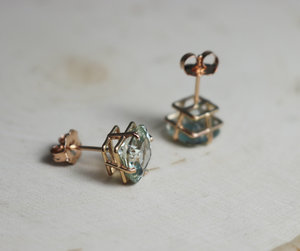 8mm Prasiolite 14k Rose Gold Stud Earrings, 8mm Cushion Cut, Green Amethyst, Soft Green Gemstone, Big Gemstone Studs,