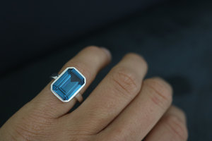 Emerald Cut London Blue Topaz Ring - Bezel Set Ring - Sterling Silver 14mm x 10m