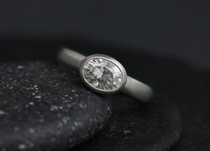 Oval Moissanite Ring, bezel 14k white gold, 7 x 5 mm Sideways, Vintage Inspired, Recycled , Made to order