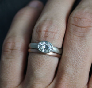 Oval Moissanite Ring, bezel 14k white gold, 7 x 5 mm Sideways, Vintage Inspired, Recycled , Made to order