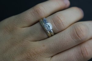 Oval Moissanite Ring, bezel 14k white gold, 7 x 5 mm Sideways, Vintage Inspired, Recycled , Made to order