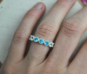 Seven Stone Ring in Sterling Silver, Paraiba Blue Topaz and White Topaz, Multistone Ring, Unique Statement Ring, Ready to Ship Size 6.25