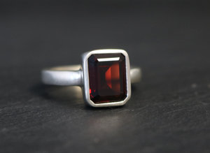 Garnet Ring, 9x7 Textured Bezel Set Garnet Ring, January Birthstone Ring, Garnet