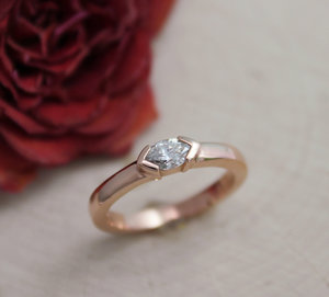 Diamond Marquise Ring in 14k Rose Gold, East to West Marquise, Half Bezel, Simple Engagement Ring, Minimalist Ring, Recycled, Made to Order