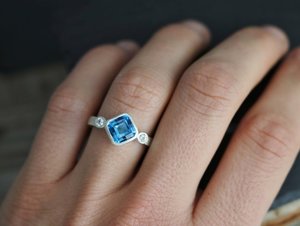 Asscher Cut Swiss blue Topaz Ring, 7mm Asscher Cut Asscher bezel ring asscher so