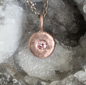 Pink Lab Diamond Coin Pebble Necklace, Handmade 14k gold Pendant,  Diamond Disc Pendant, Ready to Ship Neckwear