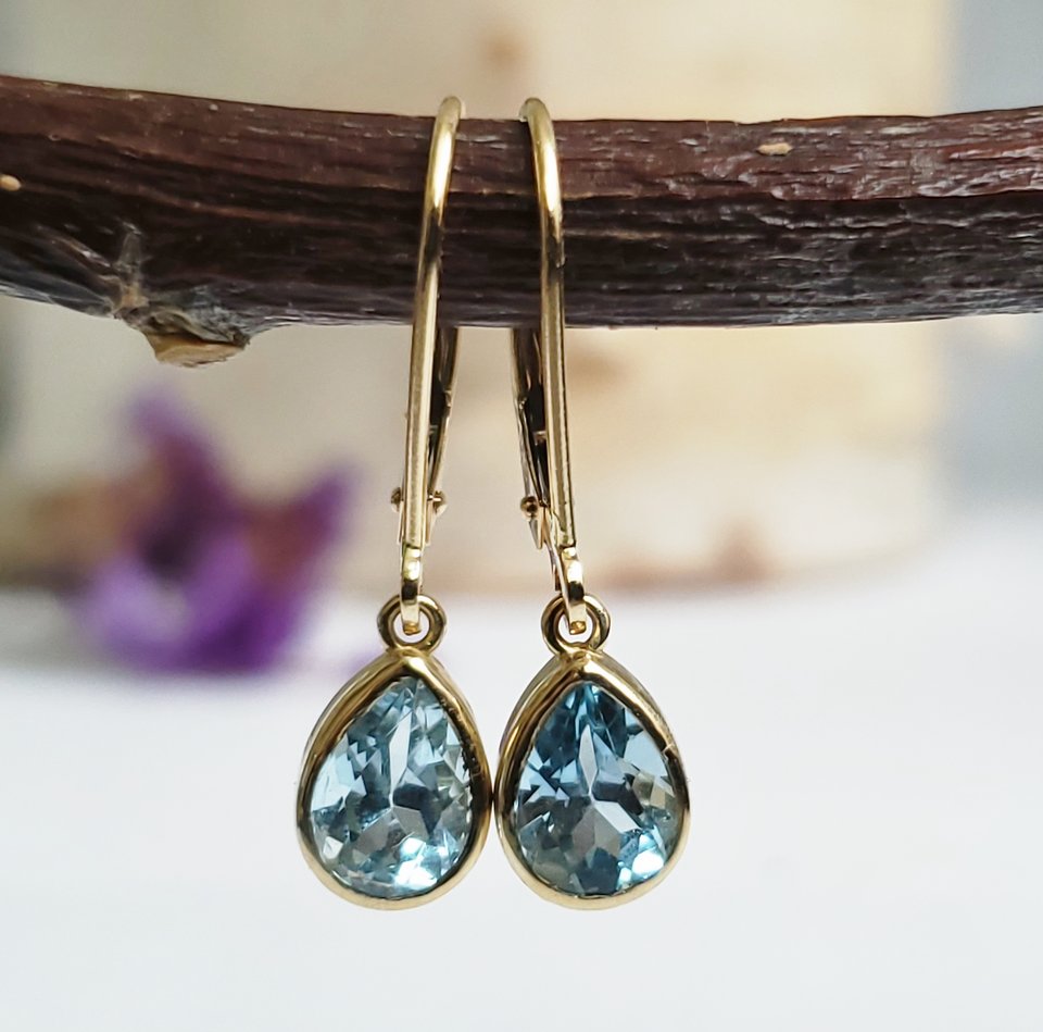 Sky Blue Topaz Dangle Earrings, Yellow Gold Earrings, Pear shape Blue Topaz, Lev