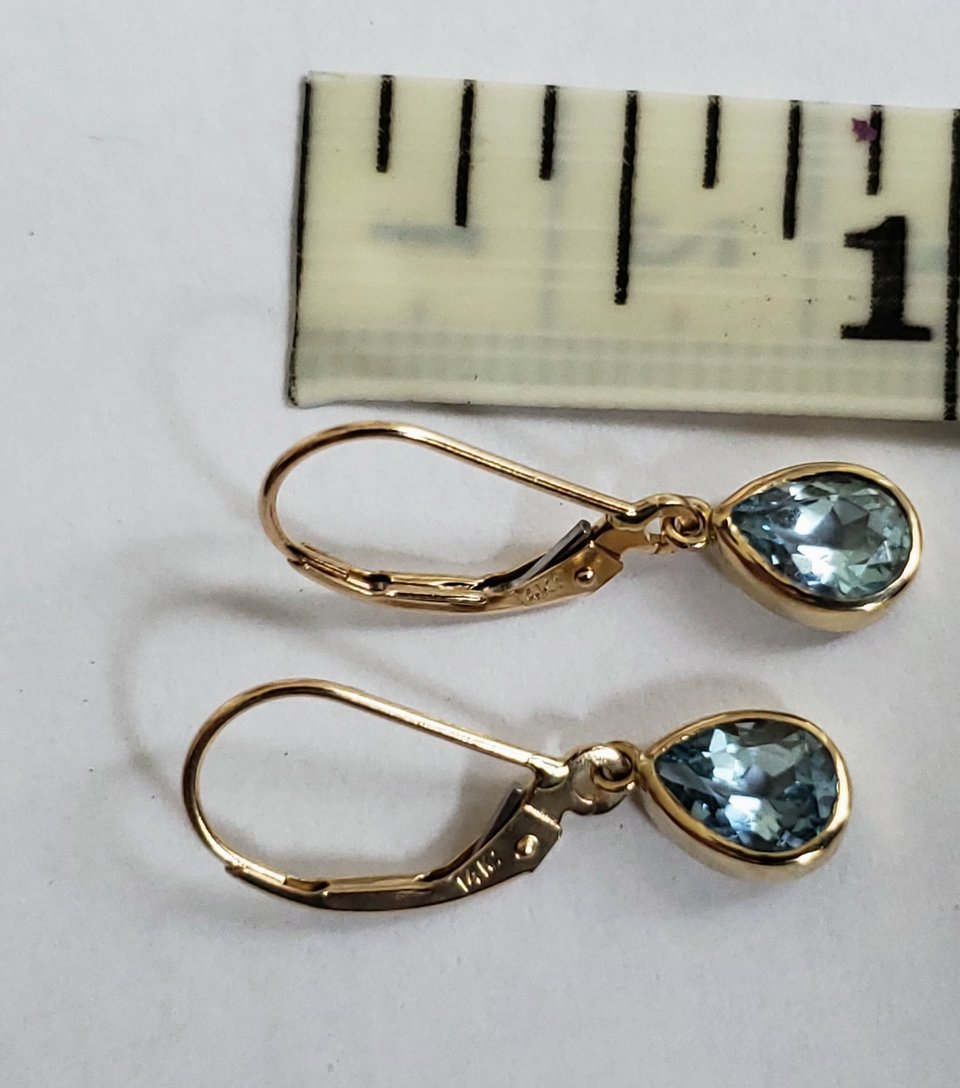 Sky Blue Topaz Dangle Earrings, Yellow Gold Earrings, Pear shape Blue Topaz, Lev