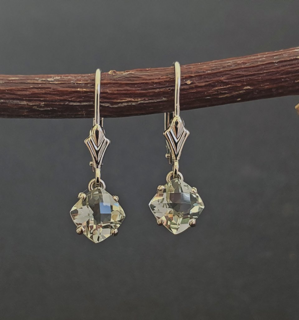 14kt White Gold Green Amethyst, prasiolite, dangle earrings vintage look antique