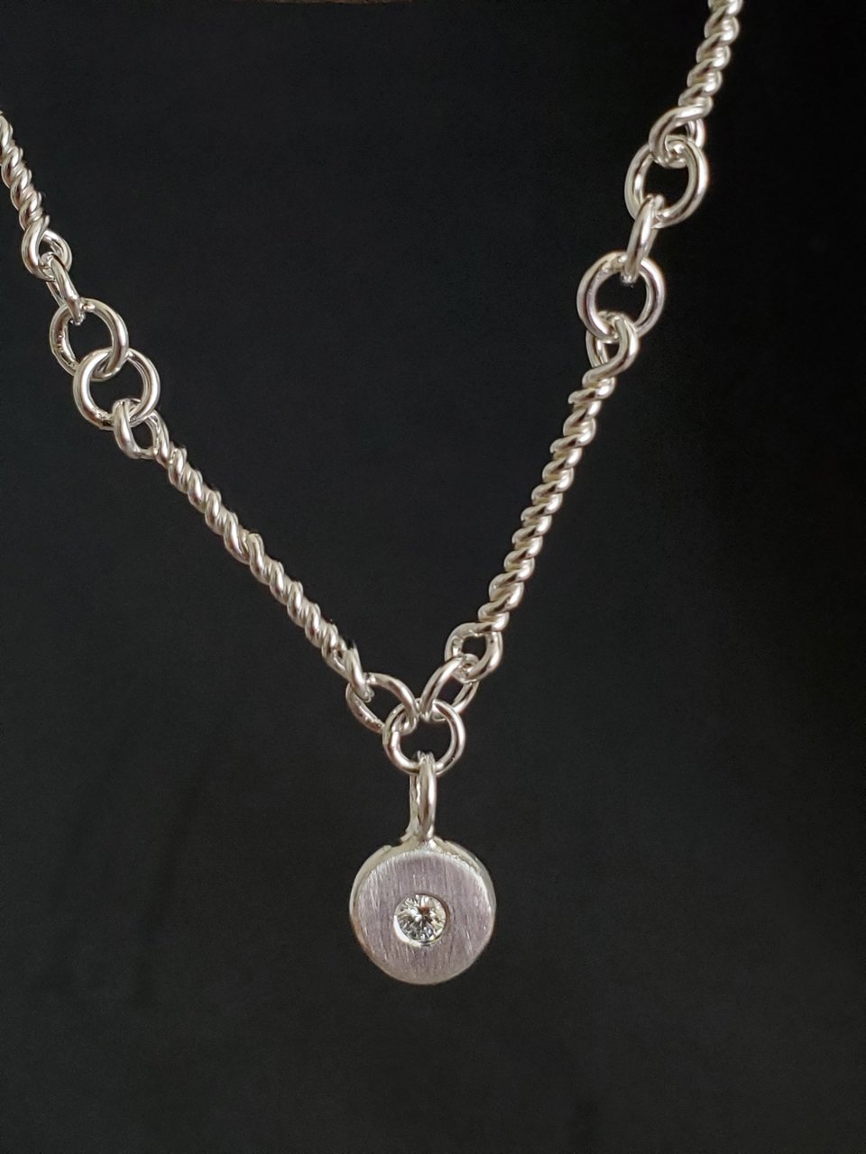 Sterling silver hand made link chain, necklace diamond pebble, silver coin neckl