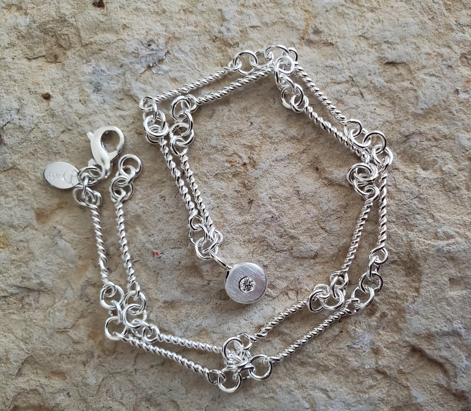 Sterling silver hand made link chain, necklace diamond pebble, silver coin neckl