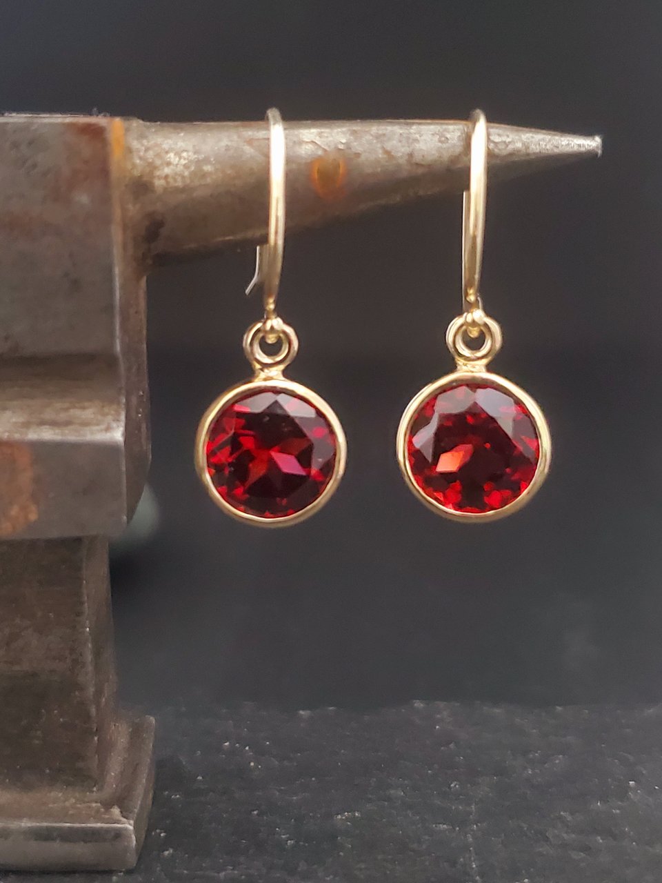 Garnet 14k yellow gold bezel drop earrings 8mm, January birthstone, round drop e