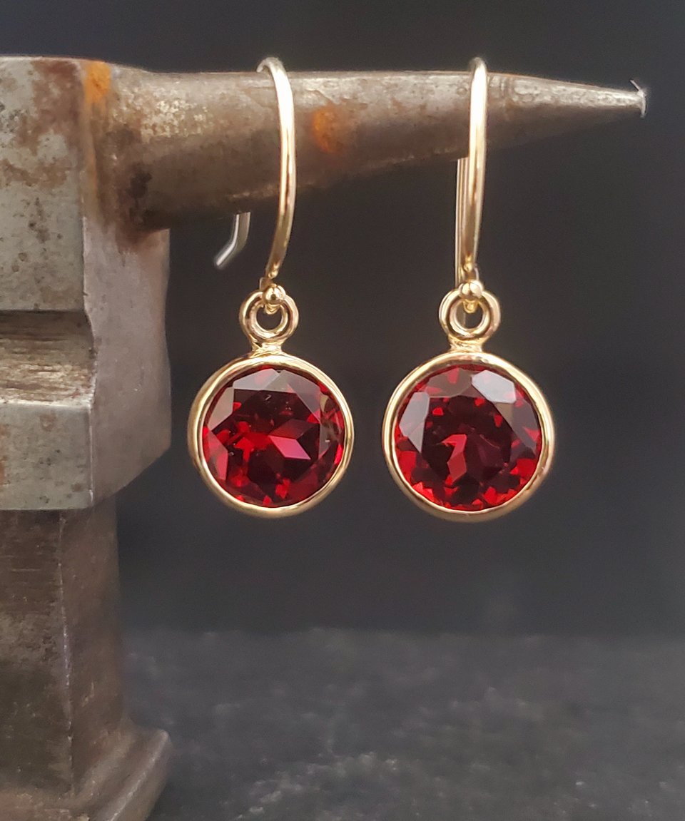 Garnet 14k yellow gold bezel drop earrings 8mm, January birthstone, round drop e