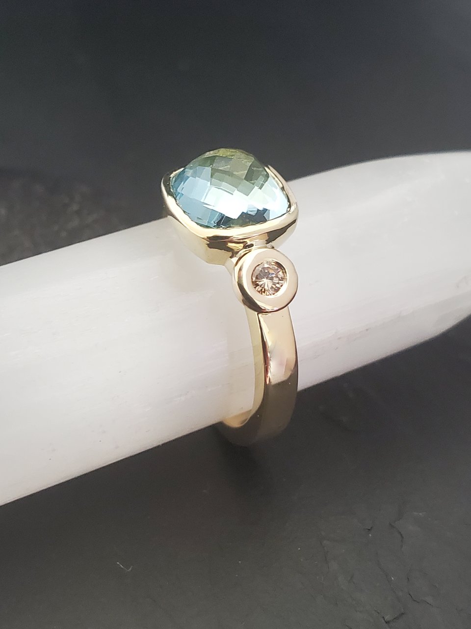 14k yellow Gold Aquamarine and Diamond Ring 8mm Cushion Rose Cut Three Stone Rin
