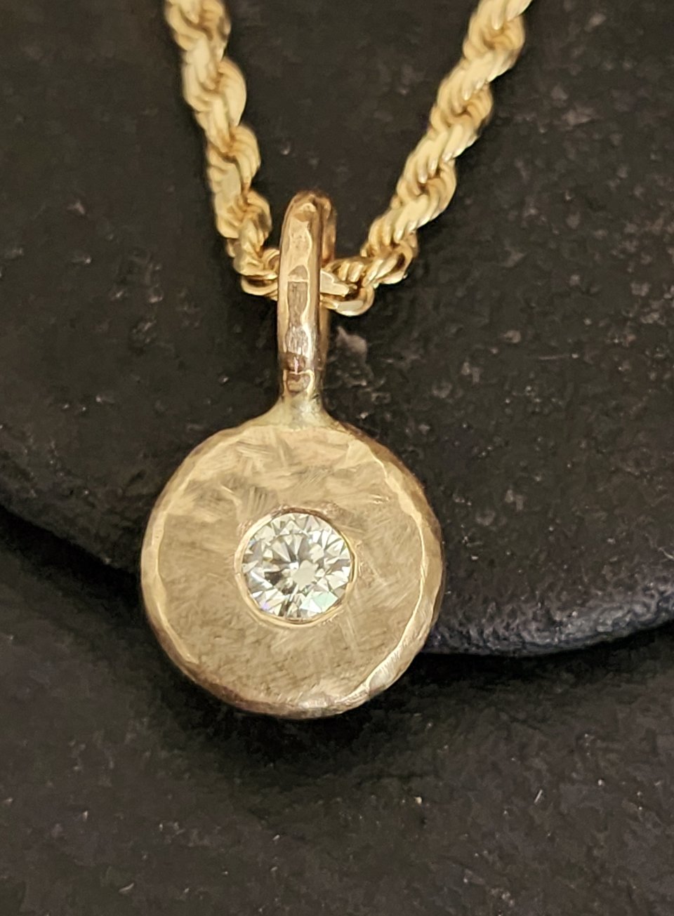 14k Gold Diamond Coin Pebble Necklace, Handmade Solid Gold Pendant, Gold Diamond