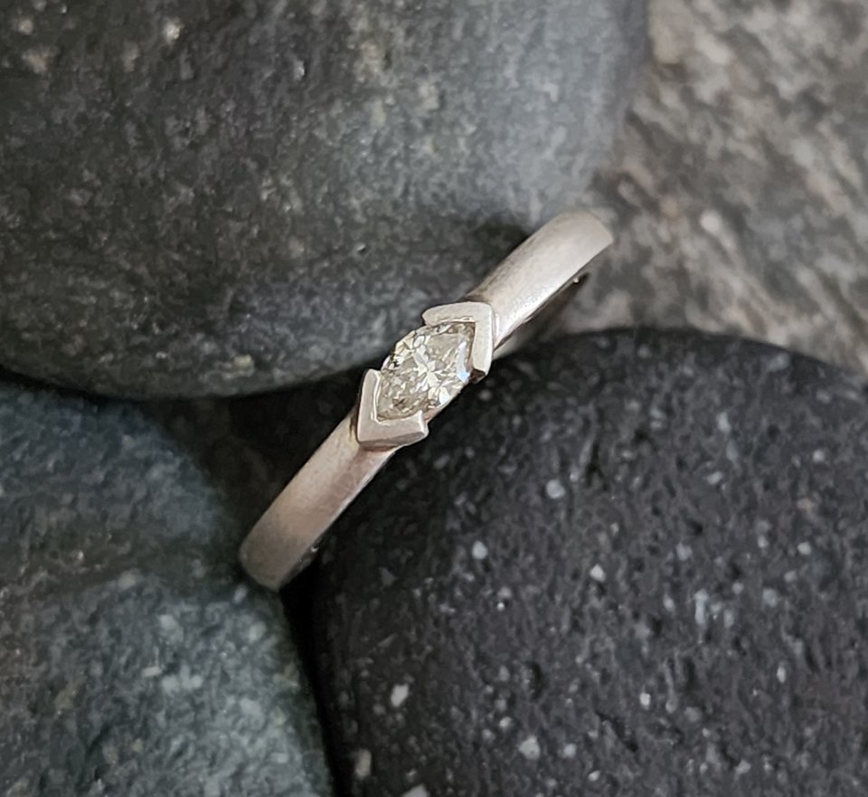 Diamond Marquise Ring in Sterling Silver, East to West Marquise, Half Bezel, Eng