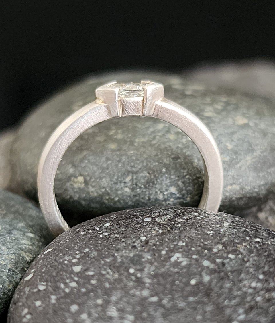 Diamond Marquise Ring in Sterling Silver, East to West Marquise, Half Bezel, Eng