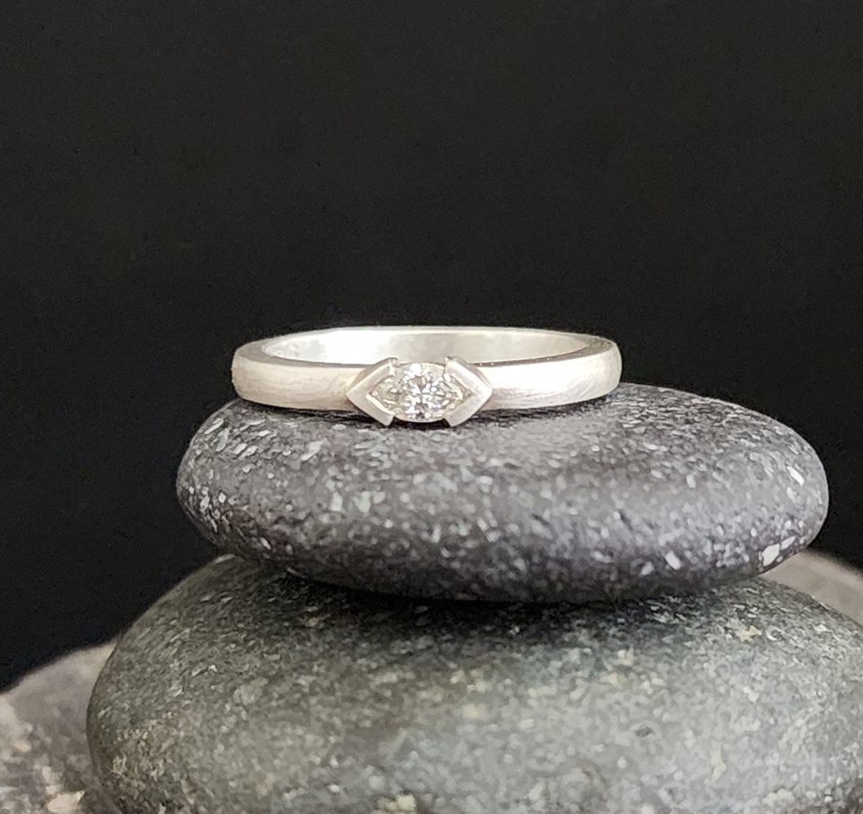 Diamond Marquise Ring in Sterling Silver, East to West Marquise, Half Bezel, Eng