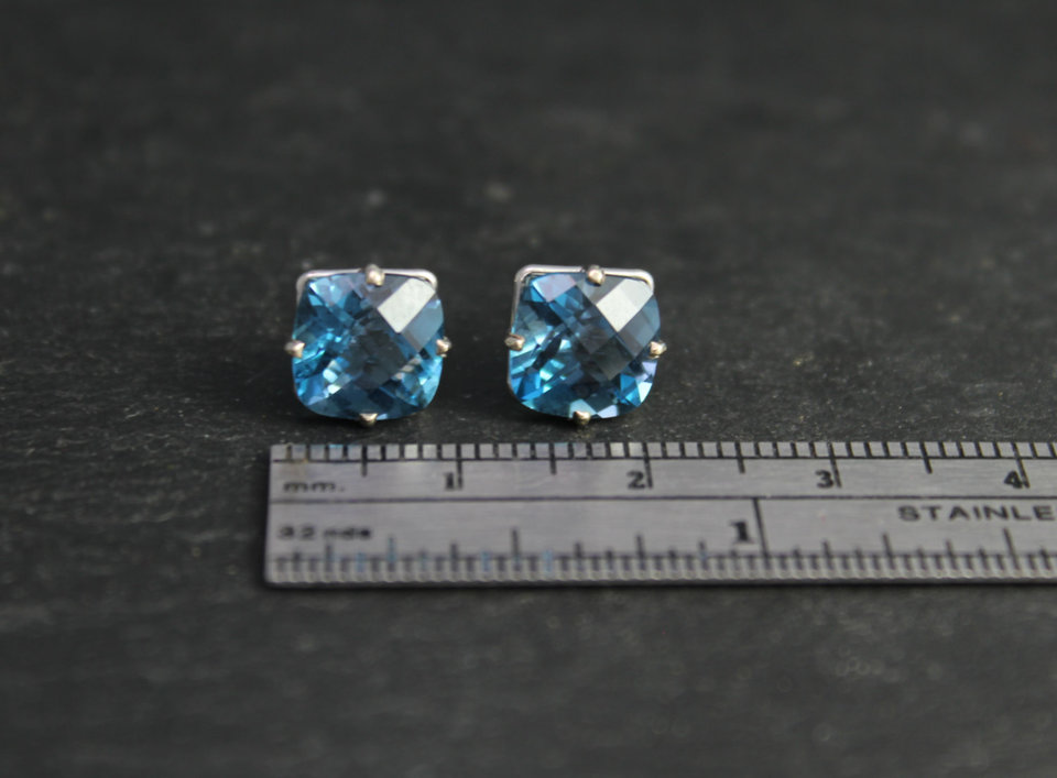 London Blue Topaz 14k White Gold Stud Earrings, 8mm Cushion Cut London Blue Topaz, December Birthstone, Ready to Ship Earrings