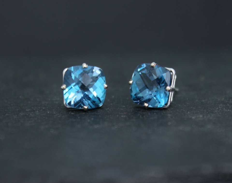 London Blue Topaz 14k White Gold Stud Earrings, 8mm Cushion Cut London Blue Topaz, December Birthstone, Ready to Ship Earrings