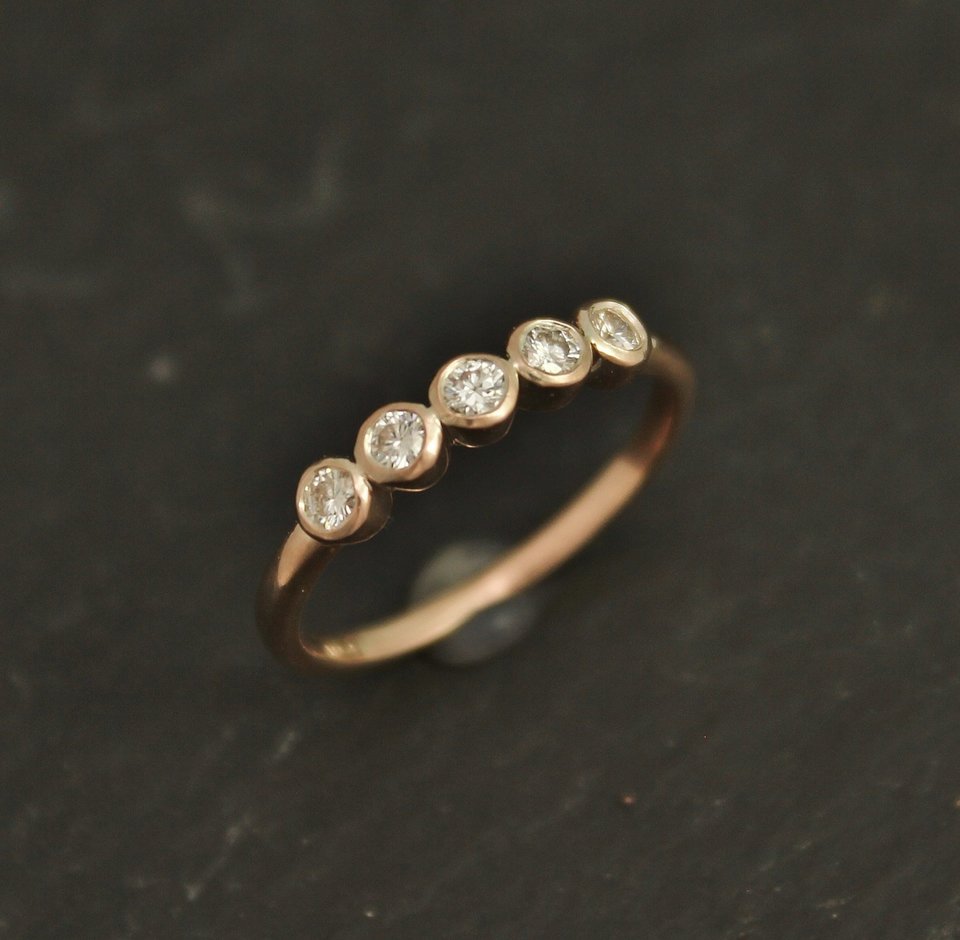 14k Rose Gold Moissanite Band, Five Stone Moissanite Ring, Bezel Set, Anniversar