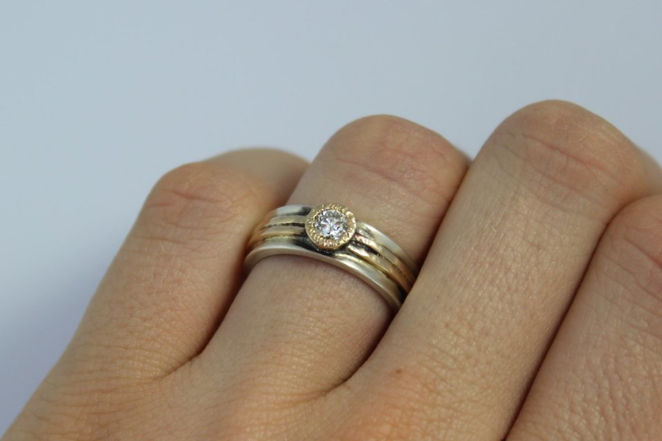 Moissanite Sterling silver 14k yellow gold ring  6mm wide alternative unique ring Ready to ship size 7