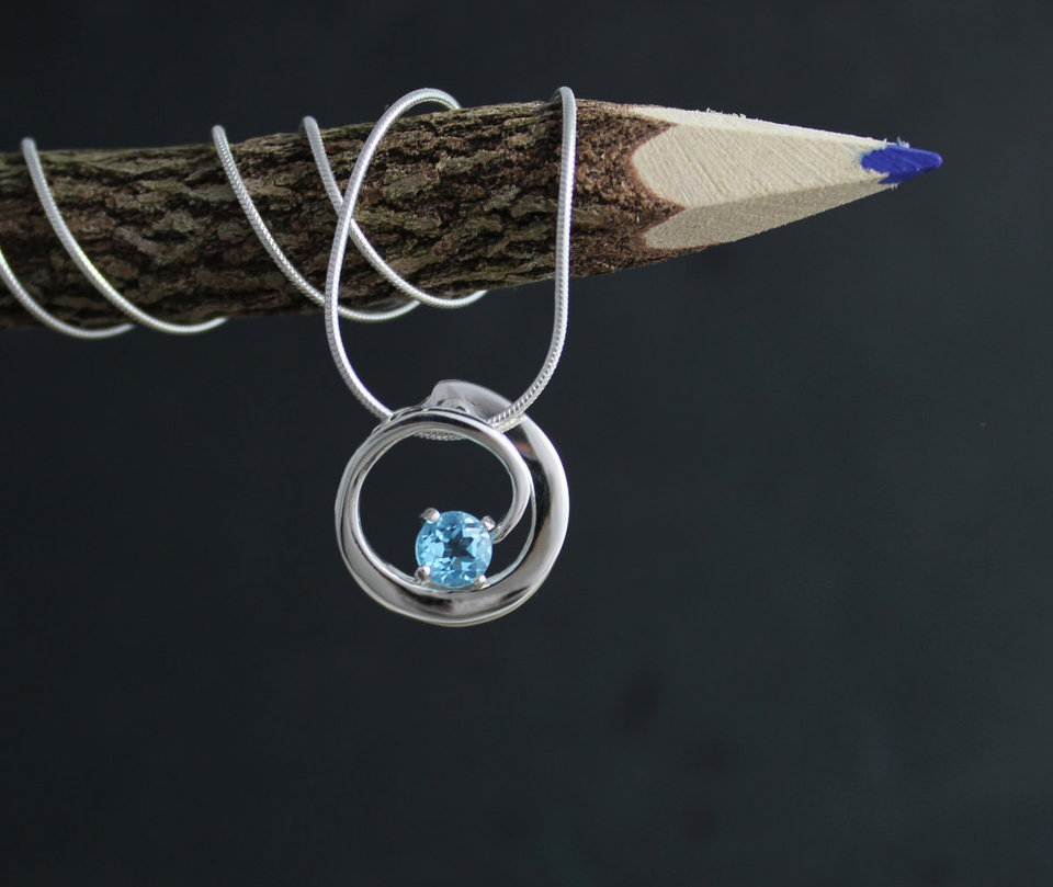 Swiss Blue Topaz Swirl Pendant, Round Sterling Silver Pendant , Circle Pendant, December Birthstone Pendant, Ready to Ship Neckwear