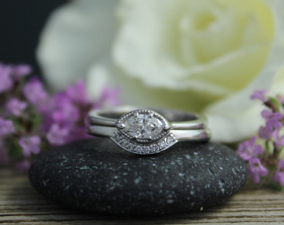 14k White Gold Marquise Diamond Ring, Vintage Inspired Ring, East West Marquise,