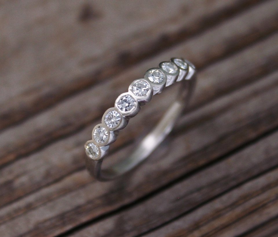 Bezel set 9 stone White Gold Moissanite Ring Nine stone Wedding Band, Classic Moissanite, Wedding Ring, Stackable, Made to order