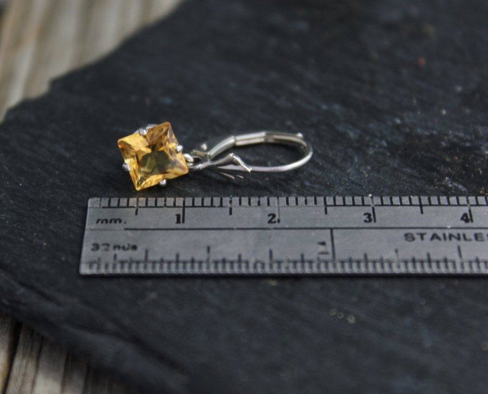 Citrine Dangle Earrings, White Gold Earrings, Princess Cut Citrine Earrings, Leverback Earrings, Gemstone Earrings, Ready to Ship