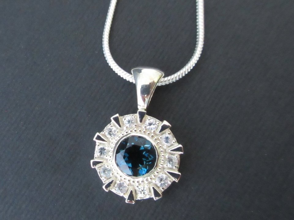 Iron Man Arc Reactor Inspired Pendant Ring With London Blue topaz Center, Sterling silver, white sapphire