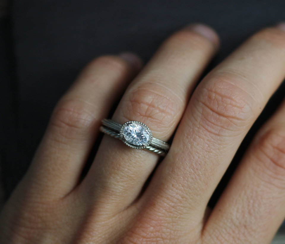 14k White Gold Moissanite Ring, Oval Vintage Inspired East to West Engagement Ri