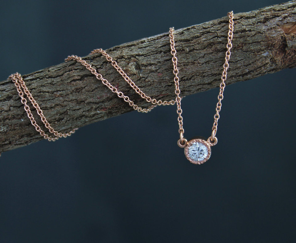 14k Rose Gold Moissanite Pendant Necklace, Moissanite Solitaire, Textured Bezel