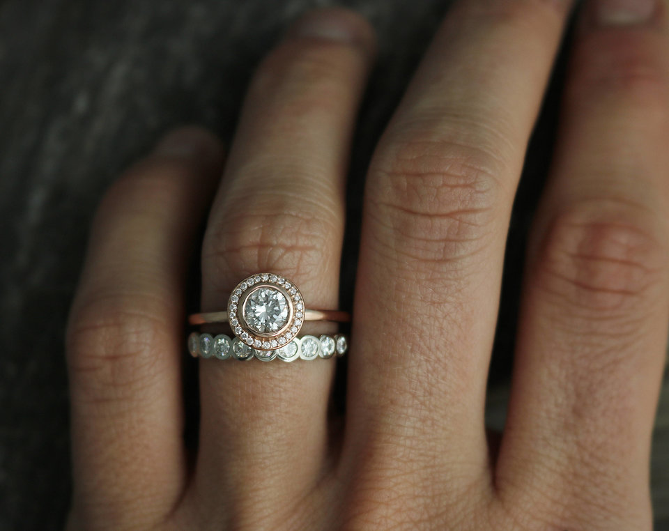 14k Rose Gold Moissanite Halo Ring, Engagement Ring, Modern Bride, Diamond Halo,