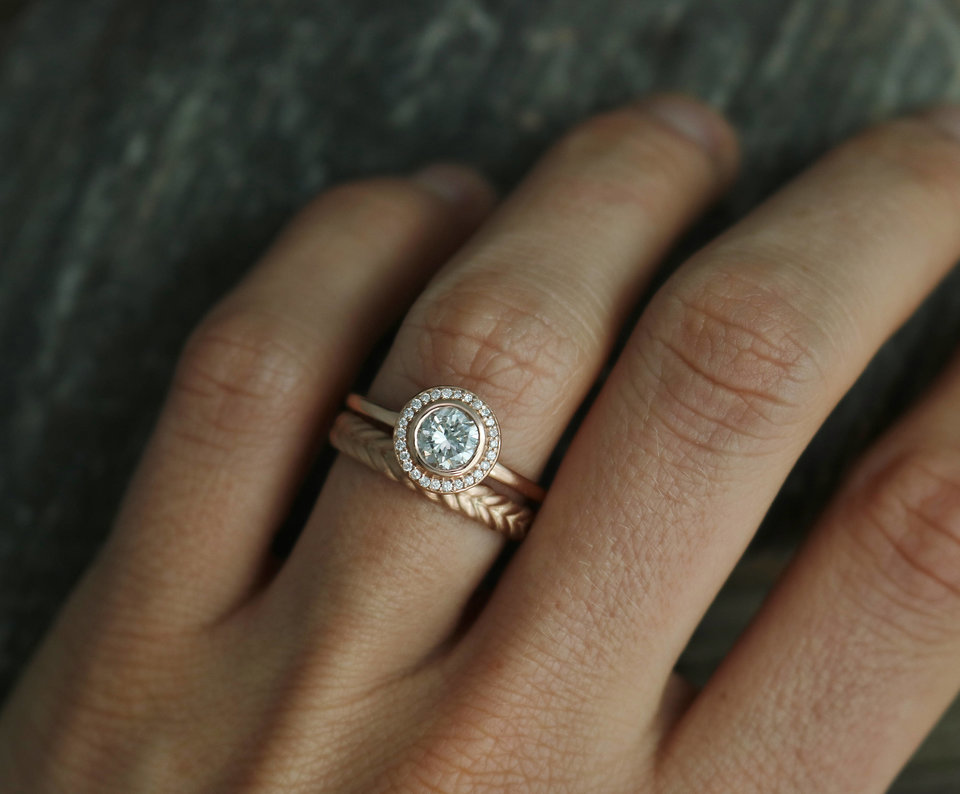 14k Rose Gold Moissanite Halo Ring, Engagement Ring, Modern Bride, Diamond Halo,