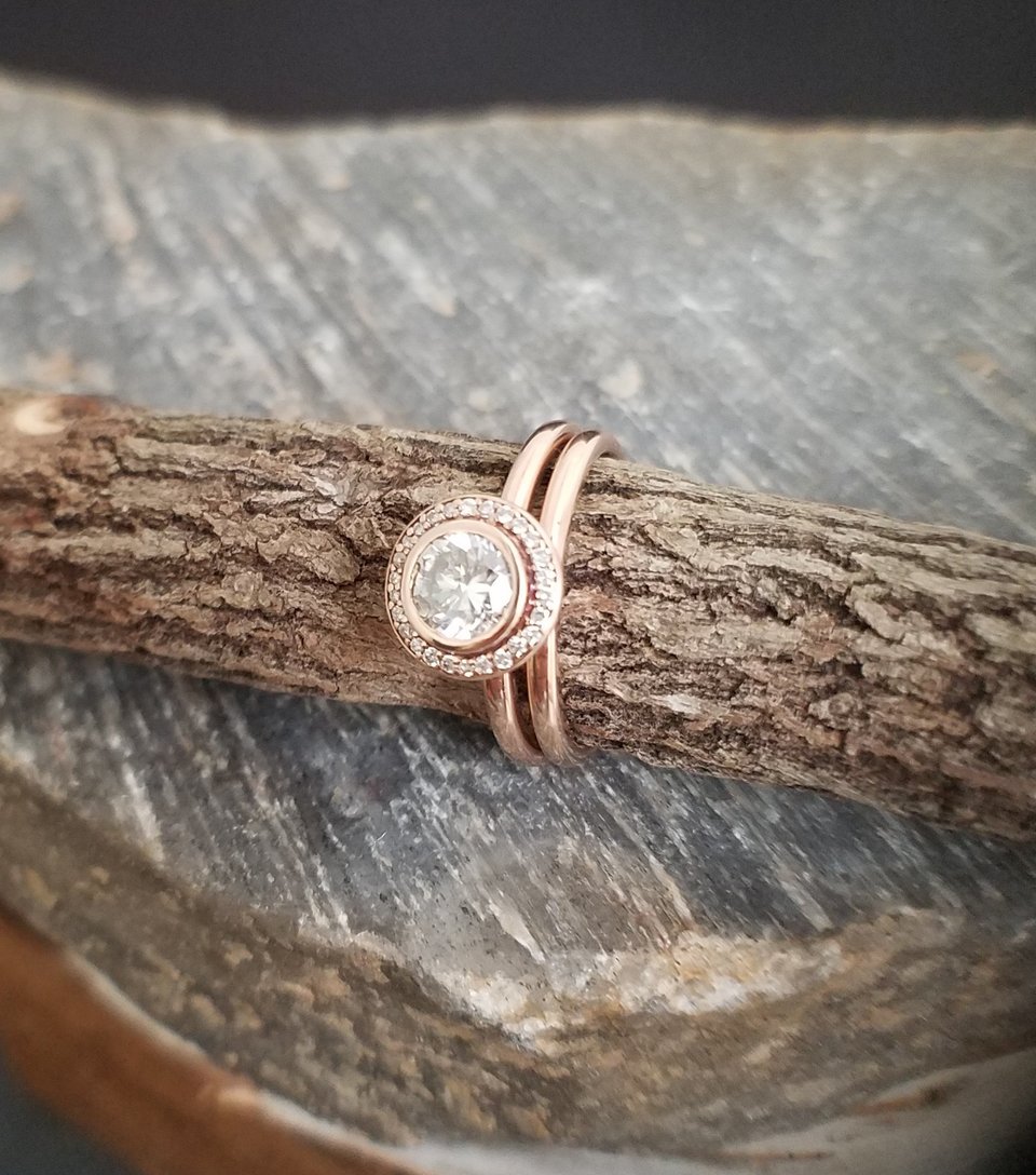 14k Rose Gold Moissanite Halo Ring, Engagement Ring, Modern Bride, Diamond Halo,