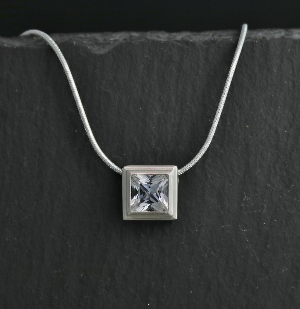 Sterling Silver White Topaz Pendant, 7mm White Topaz, Sliding Pendant, Bezel Set, Princess Cut , Square Pendant, Gift for Her, Ready to Ship