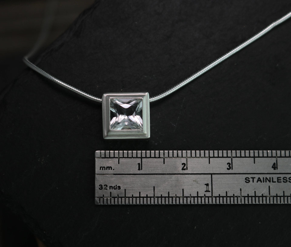 Sterling Silver White Topaz Pendant, 7mm White Topaz, Sliding Pendant, Bezel Set, Princess Cut , Square Pendant, Gift for Her, Ready to Ship